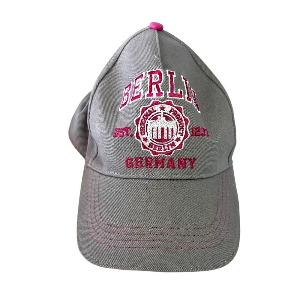 Berlin Baseball cap, adjustable velcro back, gray with pink detail